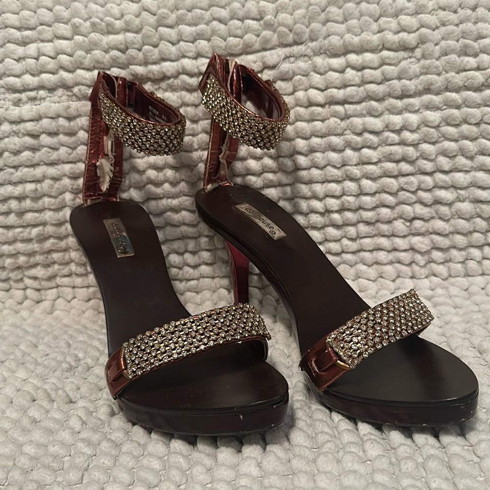 Dollhouse Ritzier Sandal Heels metallic burgundy rhinestone crystal